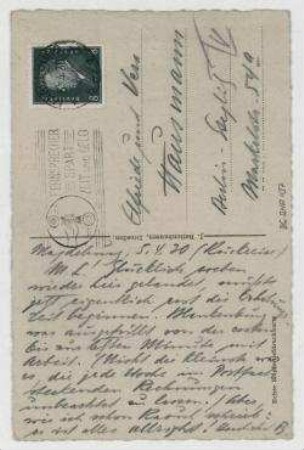 Ansichtspostkarte von Johannes Baader an Elfriede Hausmann und Vera Hausmann. Magdeburg