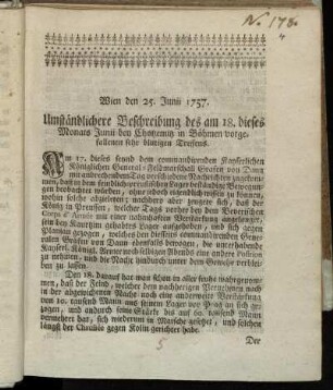 Wien den 25. Junii 1757. : Umständlichere Beschreibung des am 18. dieses Monats Junii bey Chotzemitz in Böhmen vorgefallenen sehr blutigen Treffens
