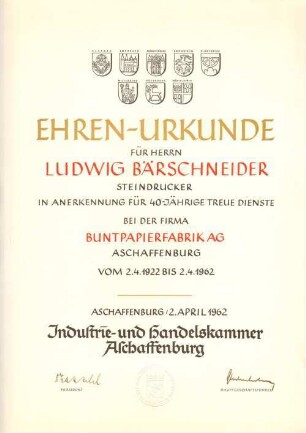 Ehrenurkunde für Ludwig Bärschneider, Steindrucker, Aschaffenburg