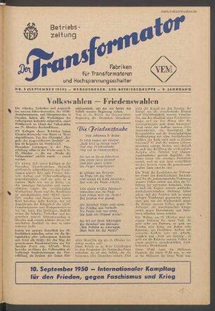 TRO-Betriebszeitung 'Der Transformator'; Nr. 9/1950 (September 1950)