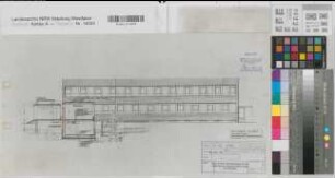Münster (Münster) Neubau der Landesuntersuchungsämter Verbindungsbau - Querschnitt und Südansicht des Hygienisch-Bakteriologischen Landesuntersuchungsamtes 1958 1 : 100 27,5 x 51,5 Pause Staatshochbauamt Münster Regierung Münster Nr. 34048