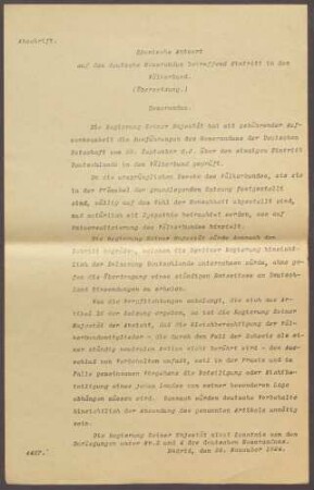 Spanische Antwort auf das deutsche Memorandum bzgl. eines Eintritts in den Völkerbund