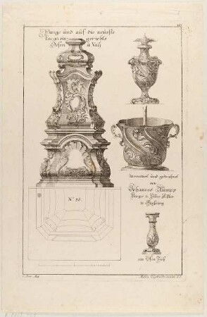 Grund- und Aufriss eines Ofens, eine Vase, ein Blumentopf und ein Ofenfuß