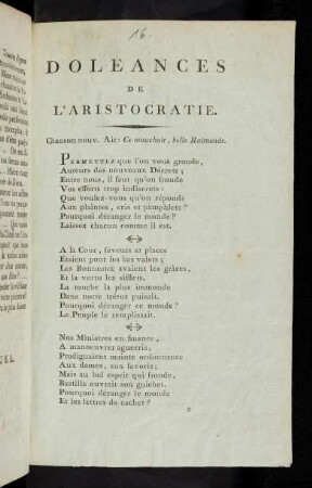 Doleances De L'Aristocratie : Chanson nouv. Air: Ce mouchoir, belle Raimonde