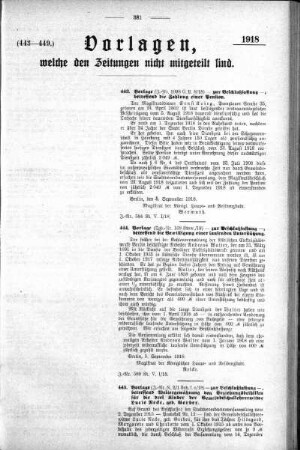 Anlage: (443-449), Vorlagen, welche den Zeitungen nicht mitgeteilt sind, 21. September 1918