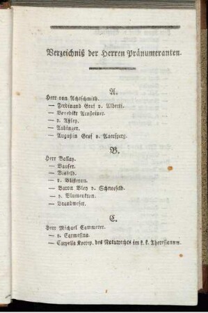 Verzeichnis der Herren Pränumeranten.