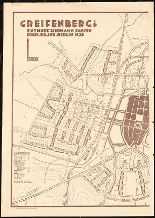 Bebauungsplan der Stadterweiterung, Greifenberg: Grundplan und Lageplan 1:2500, aus zwei Teilen zusammengesetzt, Maßstabsleiste, westlicher Teil, östlicher Teil s. Inv.Nr. 21464