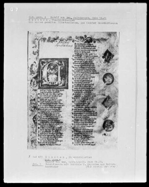 Rudolf von Ems, Weltchronik — Buchseite mit historisierter Initiale und Miniaturen am Rand, Folio 1recto
