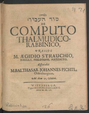 [...] De Computo Thalmudico-Rabbinico