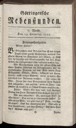 7. Woche. Den 15. Hornung, 1777