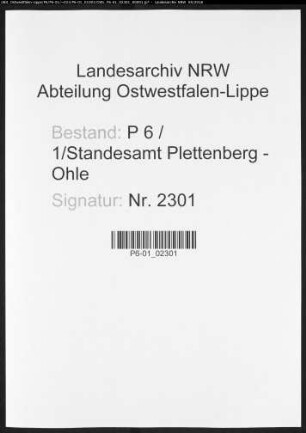 Sterberegister Standesamt Plettenberg-Ohle