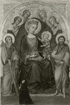 Thronende Madonna mit dem Kinde, vier Engeln, zwei Heiligen und einer Stifterin