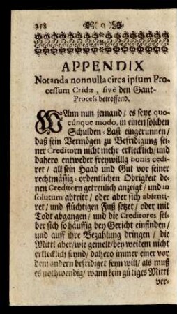 Appendix Notanda nonnulla circa ipsum Processum Cridae, sive den Gant-Process betreffend