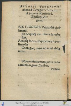 Autoris Tetrastichon ad Georgium Ubelherrn