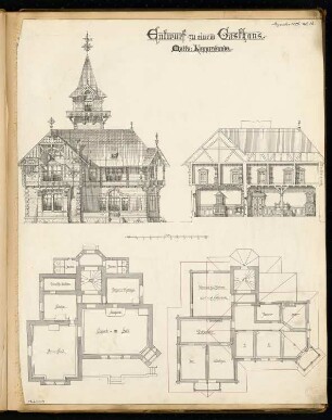 Gasthaus Monatskonkurrenz Dezember 1886: Grundriss Erdgeschoss, Obergeschoss, Aufriss Vorderansicht, Längsschnitt; Maßstabsleiste