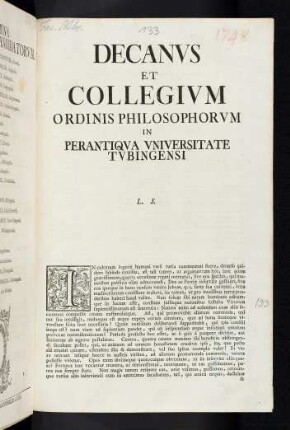 Decanvs Et Collegivm Ordinis Philosophorvm In Perantiqva Vniversitate Tvbingensi L. S.