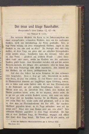 Der treue und kluge Haushalter. Ansprache über Lukas 12, 42—46