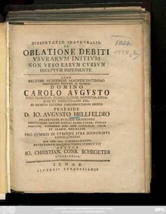 Dissertatio Inavgvralis De Oblatione Debiti Vsvrarvm Initivm Non Vero Earvm Cvrsvm Inceptvm Impediente