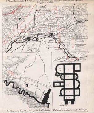 I. Karte der römischen Befestigungen und Ansiedelungen zwischen Taunus und Spessart. II. Kinzigcastell und Begräbnissplatz bei Rückingen. III. Grundriss des Praetoriums bei Rückingen.
