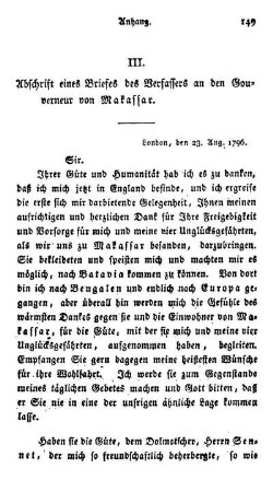 III. Abschrift eines Briefes des Verfassers an den Gouverneur von Makassar.