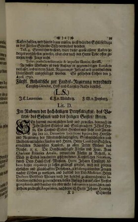 Lit. D. Im Rahmen der hoch-heiligen Dreyfaltigkeit/ des Vaters/ des Sohnes/ und des heiligen Geistes/ Amen.