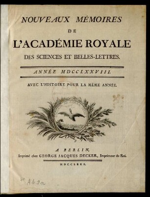 1778: Nouveaux mémoires de l'Académie Royale des Sciences et Belles-Lettres année MDCCLXXVIII