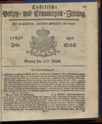 29tes Stueck, Montag den 20ten Julius. 1789