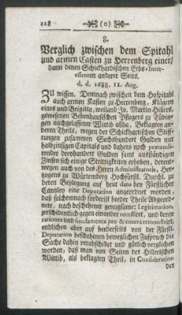 8. Verglich zwischen dem Spitahl und armen Casten zu Herrenberg einer, dann denen Schickhardischen Erbs-Interessenten anderer Seits.