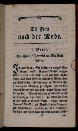 I. Brief. Sir Georg Warwick an Sir Carl Lesley.