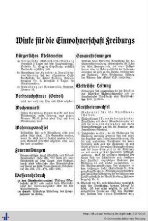 Winke für die Einwohnerschaft Freiburgs, Merkblatt für die Hinterbliebenen von Soldaten.