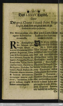 Das LXXXV. Capitel. Copie Der great Charter Eduardi Primi Regis Angliae, nach dem original, wie es zu Londen im archiv zu finden