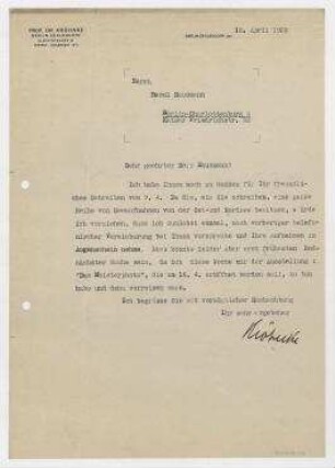 Brief von Herrn Prof. Dr. Kröhnke an Raoul Hausmann. Berlin
