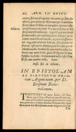 In Epistolam Ad Timotheum Priorem Argumentum ...