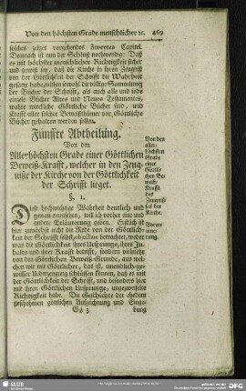 Fünffte Abtheilung. Von den Allerhöchsten Grade einer Göttlichen Beweiß-Krafft, welcher in den Zeugniße der Kirche von der Göttlichkeit der Schrifft lieget