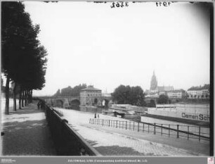 Entlang des Deutschherrnufers (mit Louis Dannhofs Damen-Schwimmbad, angeschnitten) zu Brückenmühle und Alter Brücke