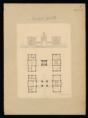 Bahnhof Monatskonkurrenz Dezember 1837: Grundriss Erdgeschoss, Obergeschoss, Aufriss Vorderansicht; Maßstabsleiste