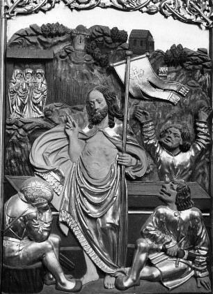 Hochaltar : Hochaltar (um 1520). Detail mit auferstandenem Christus. Gröbming (Steiermark), Pfarrkirche Mariä Himmelfahrt