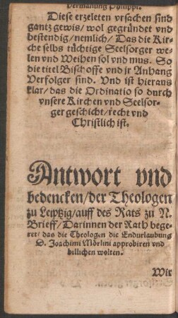 Antwort und bedencken/ der Theologen zu Leiptzig/ auff des Rats zu N. Brieff ...