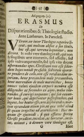 Erasmus. De Disputationibus & Theologiae studio.