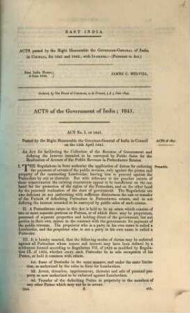 Acts passed by the governor-general in council for 1841 and 1842; with Indexes