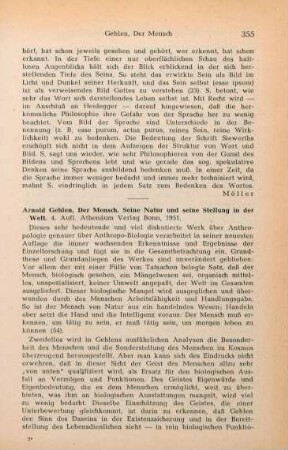 355-356 [Rezension] Gehlen, Arnold, Der Mensch