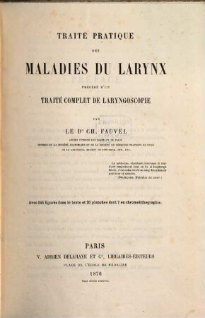 Traité pratique des maladies du larynx précédé d'un traité complet de laryngoscopie