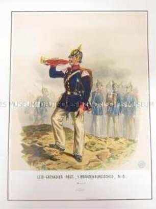 Uniformdarstellung, Hornist des Leib-Grenadier-Regiments "König Friedrich Wilhelm III. (1. Brandenburgisches) No. 8, Preußen, 1864. Tafel 74 aus: Schindler: Militair-Album.
