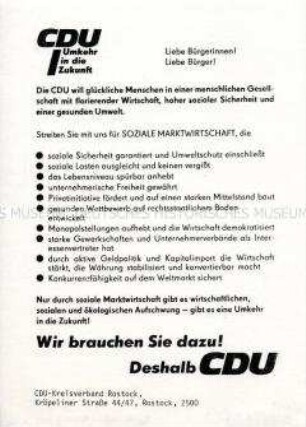 Flugblatt des CDU-Kreisverbandes Rostock zur Wirtschaftspolitik