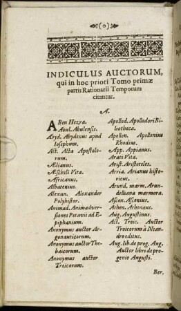 Indiculus Auctorum, qui in hoc priori Tomo primæ partis Rationarii Temporum citantur.