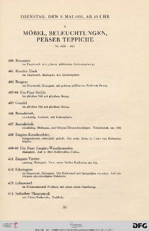 B. Möbel, Beleuchtungen, Perser Teppiche (Nr. 400-461)