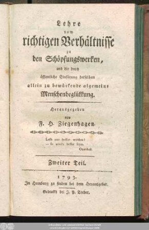 Zweiter Teil: Lehre vom richtigen Verhältnisse des Menschen zu seinen Nebenmenschen und zu den übrigen Geschöpfen, und die durch öffentliche Einfürung derselben allein zu bewürkende algemeine Menschenbeglükkung : Mit 8 Kupfert. von Chodowiecki
