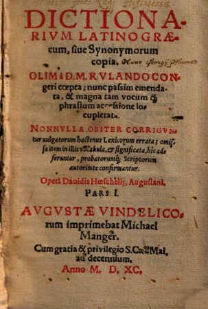 Dictionarivm Latinograecum, siue Synonymorum copia, 1