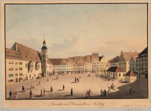 Der Obermarkt in Freiberg in Sachsen mit dem Rathaus (1410 errichtet), Blick nach Südosten