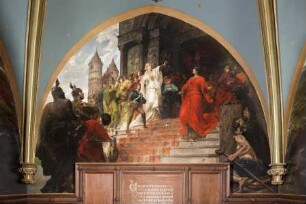 Nibelungenszenen — Streit der Königinnen vor dem Münster zu Worms. Chriemhild zeigt zornig den Gürtel Brunhildens
